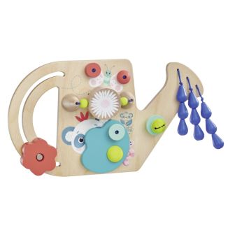 Spielmaterial vom Artikel 61075, Tulips Garten: Motorikbrett Gie&szlig;kanne, Motorikspielzeug mit Gl&ouml;ckchen und Klettverschluss, 25 cm