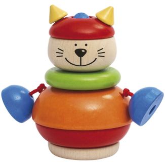 Weiteres Spielmaterial vom Artikel 62042, Stapelkater Karlo, Sortier-und Steckspiel, verschiedene Formen mit Klapperkugeln aus Holz, 10 cm