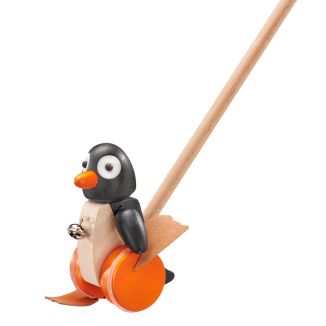 Spielmaterial vom Artikel 62071, Pingo, Pinguin Schiebefigur mit Glöckchen aus Holz mit Kunstlerder Füße, 14 cm