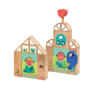 Tulips Garten: Holzbausteine Gewächshäuser mit Glöckchen aus Holz, 34 Teile