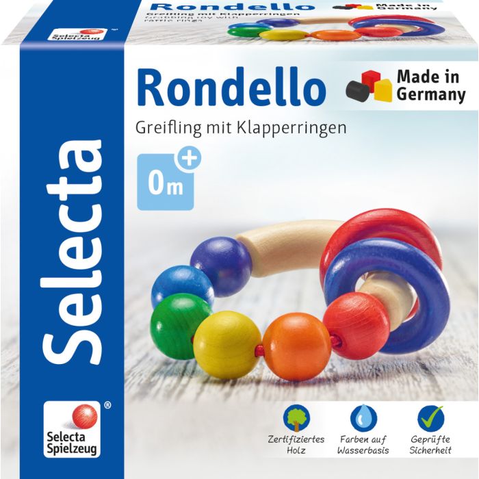 Vorderseite der Verpackung vom Artikel 61007, Rondello, Greifling aus Holz, 7,5 cm