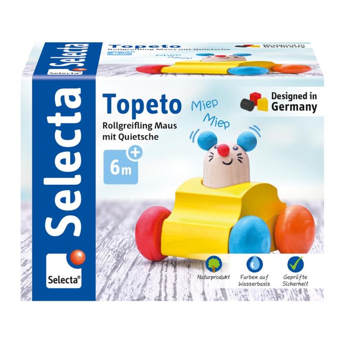 Topeto, Rollgreifling Maus mit Quietsche aus Holz, 7 cm