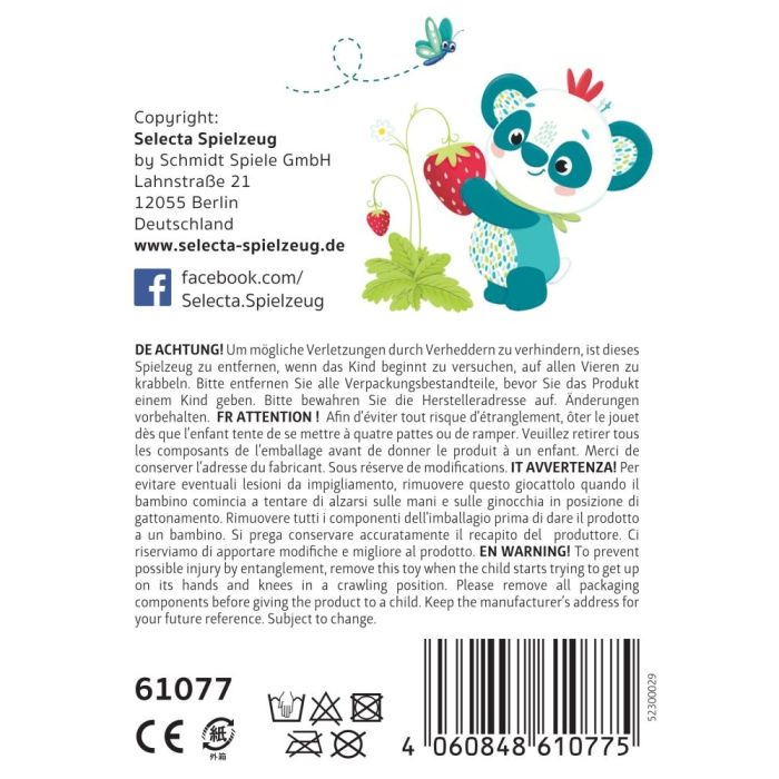 Rückseite der Verpackung vom Artikel 61077, TULIP'S GARDEN by SELECTA® Soft Toy: Activity-Spirale Tulip, 34 cm