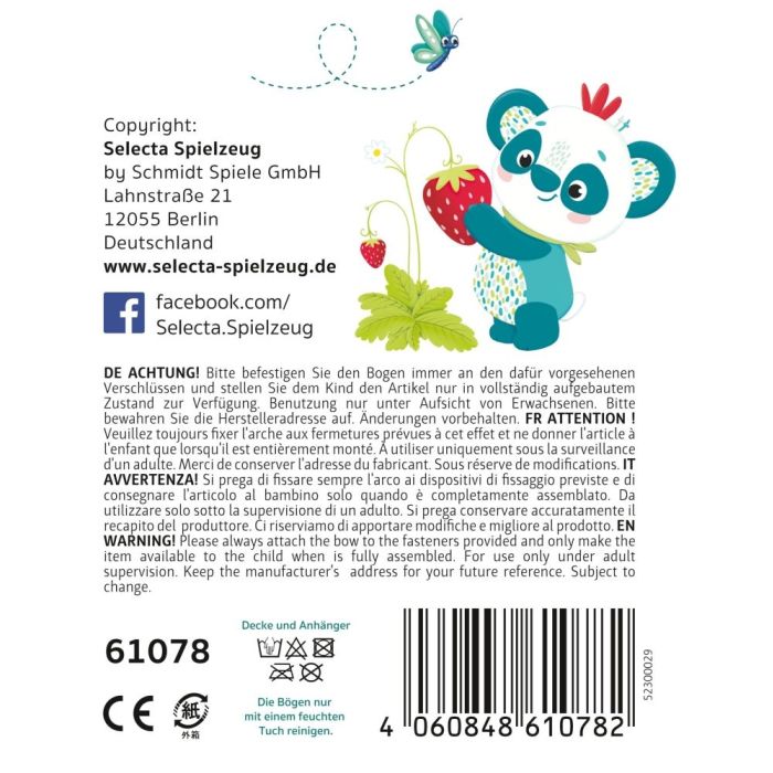 Rückseite der Verpackung vom Artikel 61078, TULIP'S GARDEN by SELECTA® Soft Toy: Activity-Decke Tulip, 83 cm