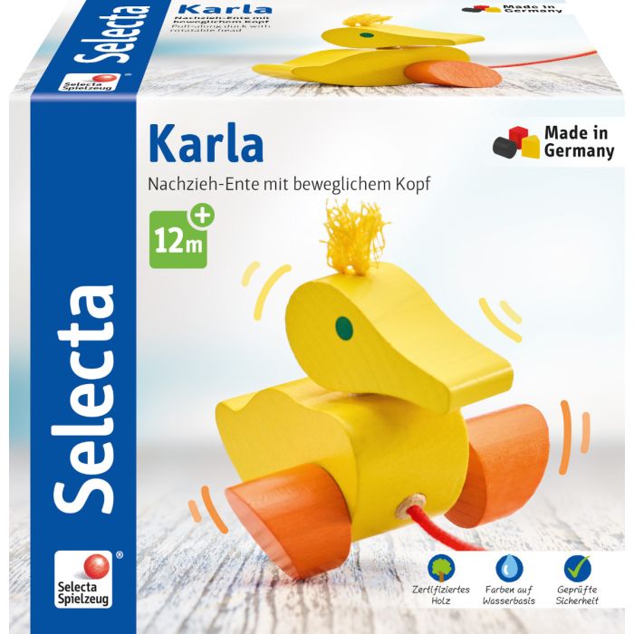 Vorderseite der Verpackung vom Artikel 62001, Karla, Nachzieh-Ente, 10 cm