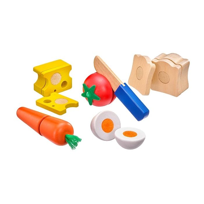 Spielmaterial vom Artikel 62020, Picknick, Klett und Schneidespielzeug aus Holz, 13 Teile