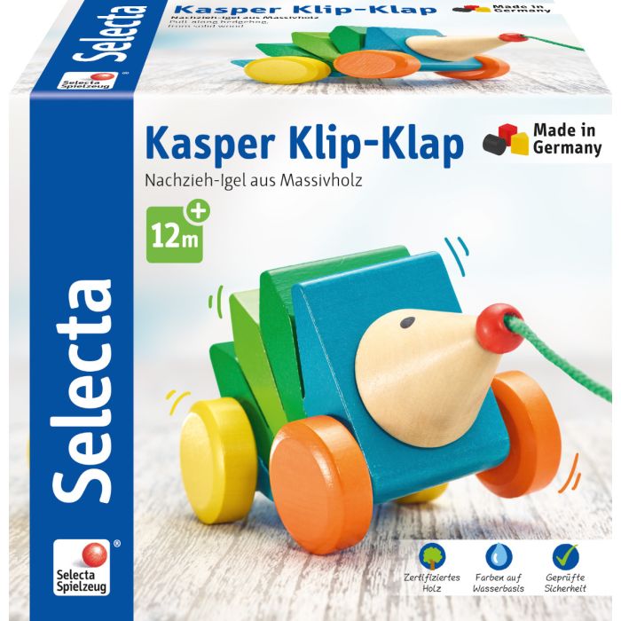 Vorderseite der Verpackung vom Artikel 62022, Kasper Klip-Klap, Nachziehspielzeug aus Holz, 16cm