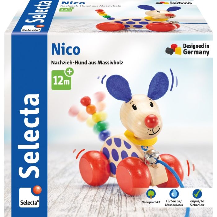 Nico-Nachzieh-Hund, Schiebe-und Nachziehspielzeug aus Holz, 12 cm