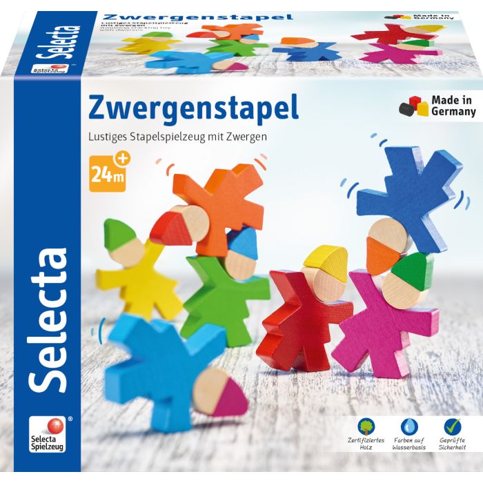 Verpackungsvorderseite aus einem anderen Blickwinkel vom Artikel 62039, Zwergenstapel, Stapelspielzeug aus Holz, 7 Stück