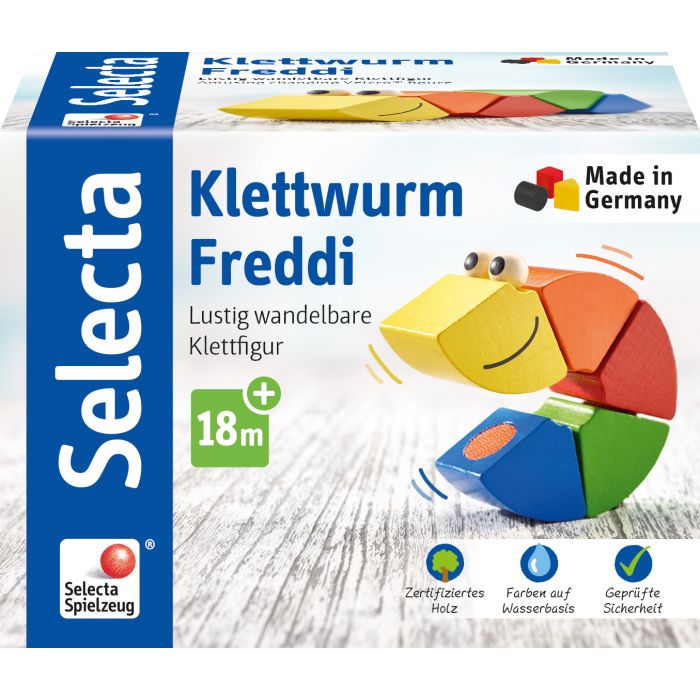 Vorderseite der Verpackung vom Artikel 62040, Klettwurm Freddi