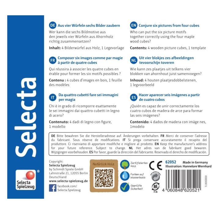 Rückseite der Verpackung vom Artikel 62052, Bilderwürfel Farm