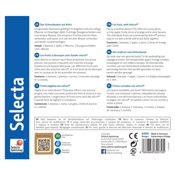 Rückseite der Verpackung vom Artikel 62070, Obstsalat, Klett und Schneidespielzeug aus Holz, Küchen-Spielzeugset, 11 Teile