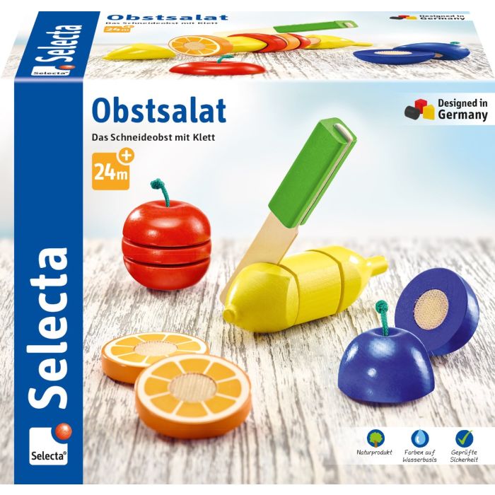 Obstsalat, Klett und Schneidespielzeug aus Holz, Küchen-Spielzeugset, 11 Teile