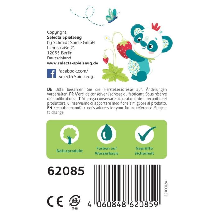 Rückseite der Verpackung vom Artikel 62085, TULIP'S GARDEN by SELECTA® Kleinkindwelt: Holzbausteine Gewächshäuser, 34 Teile