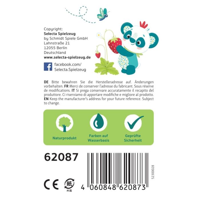 Rückseite der Verpackung vom Artikel 62087, TULIP'S GARDEN by SELECTA® Kleinkindwelt: Entdeckersteine Insektenhotel, 11 Teile