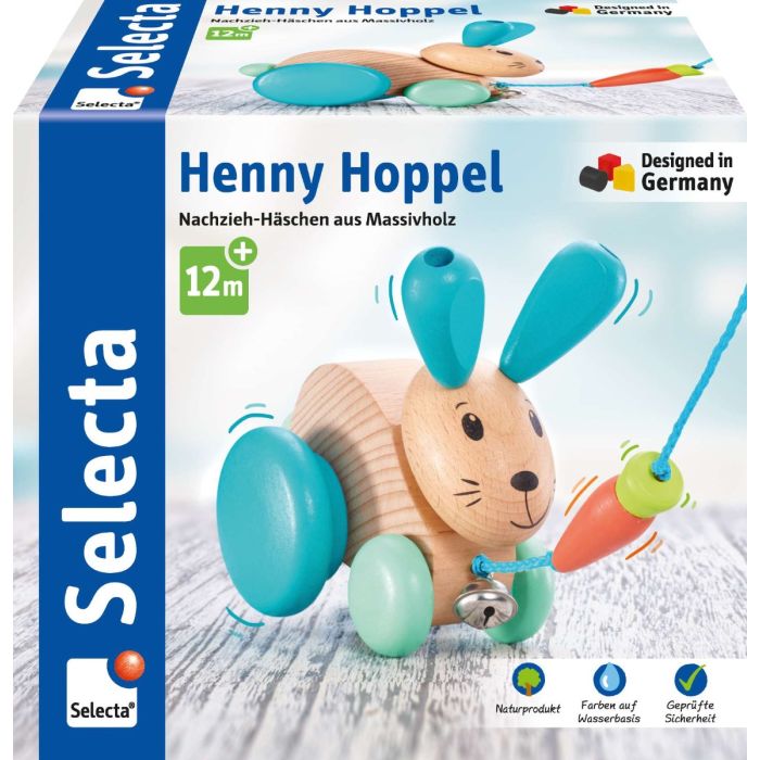 Vorderseite der Verpackung vom Artikel 62100, Henny Hoppel, Nachziehspielzeug aus Holz, 13 cm