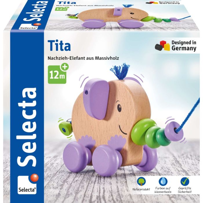 Vorderseite der Verpackung vom Artikel 62101, Tita, Nachziehspielzeug aus Holz, 14 cm