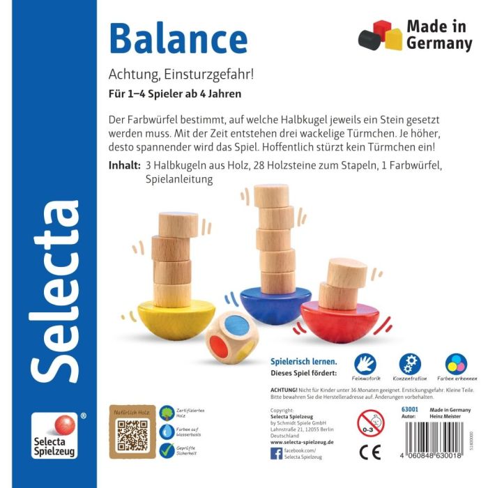 Rückseite der Verpackung vom Artikel 63001, Balance, Würfel- und Stapelspiel aus Holz
