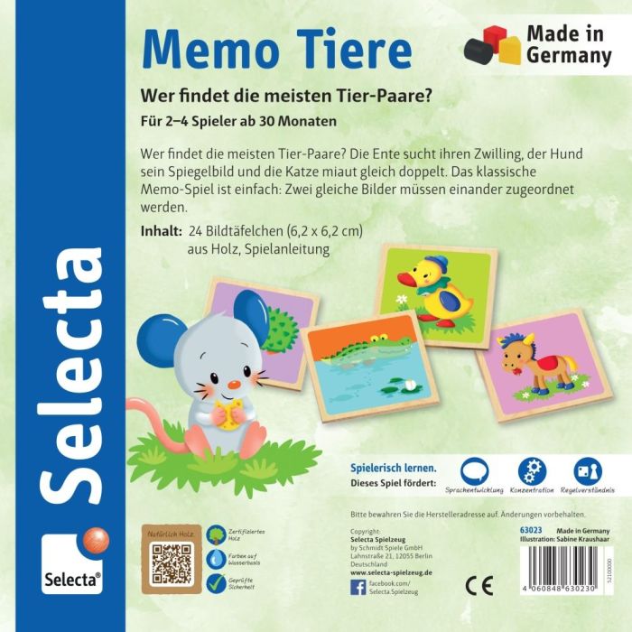 Rückseite der Verpackung vom Artikel 63023, Memo Tiere, Legespiel aus Holz, 24 Teile