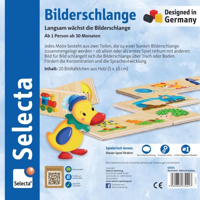 Rückseite der Verpackung vom Artikel 63024, Bilderschlange, Legespiel aus Holz, 20 Teile