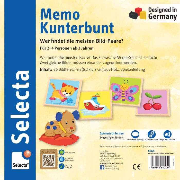 Rückseite der Verpackung vom Artikel 63025, Memo Kunterbunt aus Holz, 36 Teile