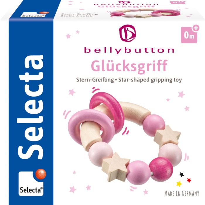 Verpackungsvorderseite aus einem anderen Blickwinkel vom Artikel 64000, bellybutton: Glücksgriff rosa, Greifling aus Holz, 7,5 cm