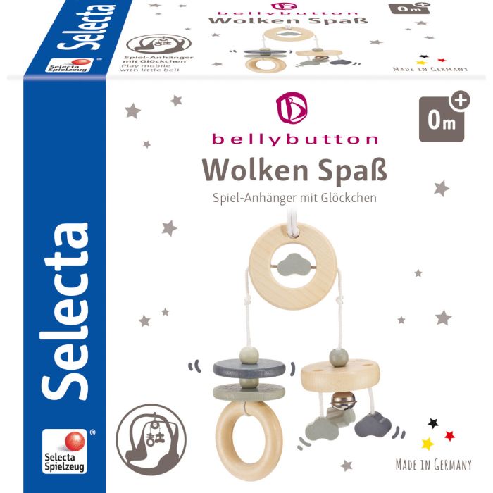 Vorderseite der Verpackung vom Artikel 64005, bellybutton: Wolken Spaß, Minitrapez, Mobile aus Holz, Grau, 15,5 cm