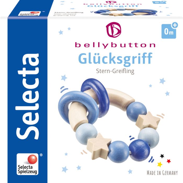 Vorderseite der Verpackung vom Artikel 64010, bellybutton: Glücksgriff blau, Greifling aus Holz, 7,5 cm
