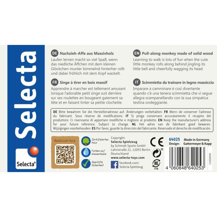 Rückseite der Verpackung vom Artikel 64025, bellybutton: Äffchentanz, Nachzieh-Affe, 11 cm