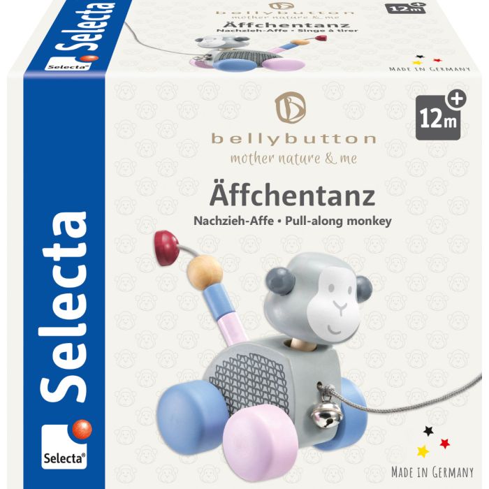 Vorderseite der Verpackung vom Artikel 64025, bellybutton: Äffchentanz, Nachzieh-Affe, 11 cm