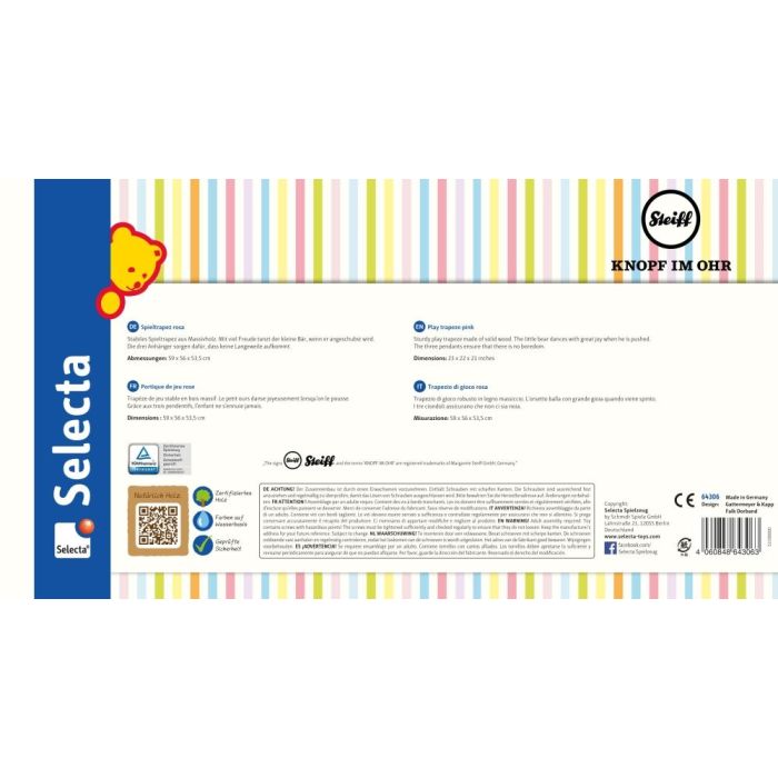 Rückseite der Verpackung vom Artikel 64306, Steiff: Spieltrapez rosa aus Massivholz, 59 cm