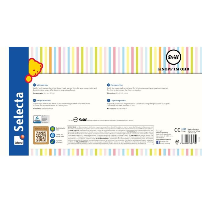 Rückseite der Verpackung vom Artikel 64307, Steiff: Spieltrapez blau aus Massivholz, 59 cm