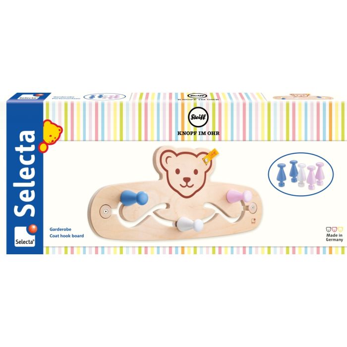 Vorderseite der Verpackung vom Artikel 64310, Steiff: Garderobe mit 5 Haken, 44 x 19 cm
