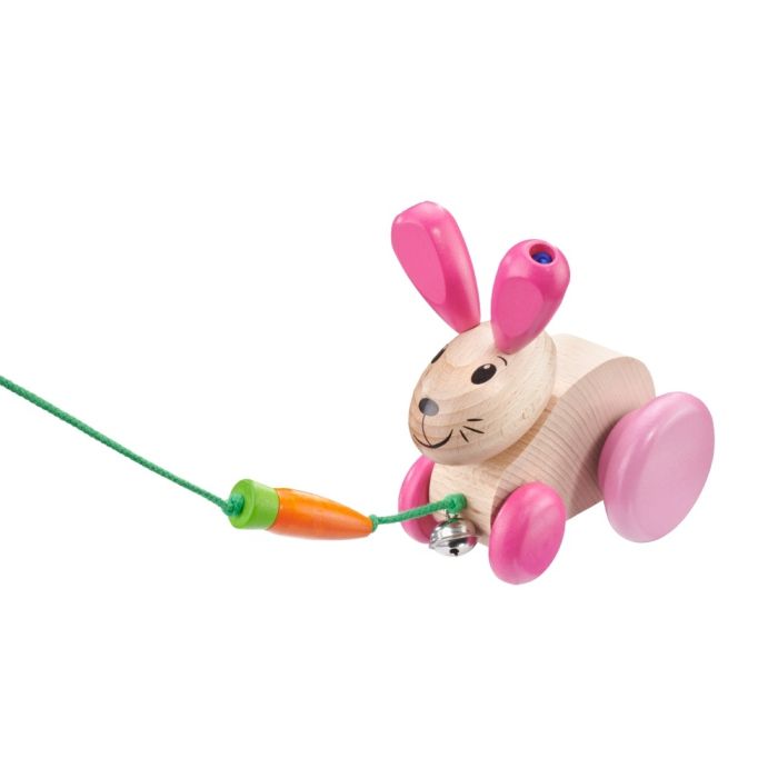 Spielmaterial vom Artikel 62023, Hanna Hoppel, Nachzieh-Hase, Schiebe-und Nachziehspielzeug mit Glöckchen aus Holz, 13 cm